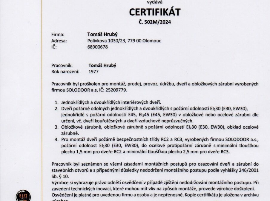Certifikát –  Solo Door