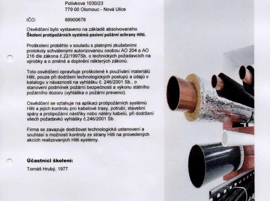 Osvědčení – Systém protipožární ochrany